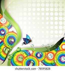 Background with butterflies and drops of water over rainbow