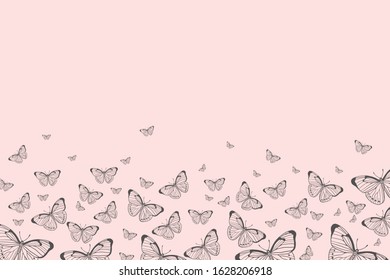 Background with butterflies. Vector background with butterflies with doodle doodles. Linear illustration.