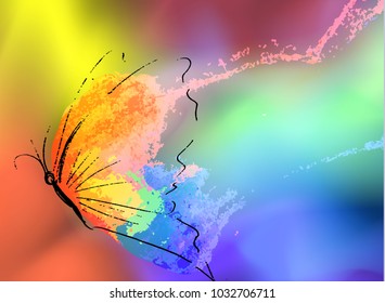 background with butterfly, colored smoke, blots of paint