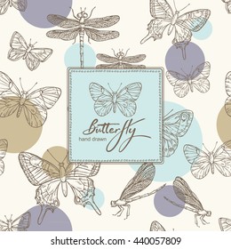 Background with butterfly and dragonfly. hand drawn