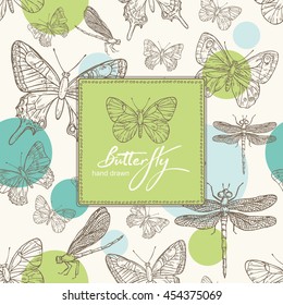 Background with butterfly and dragonfly. hand drawn