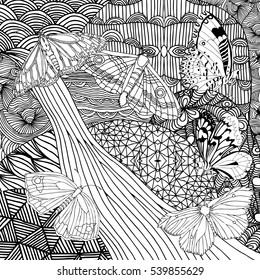 Background with butterflys, hills, and river