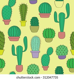 Background with cacti. Cactus on a yellow background. Seamless pattern
