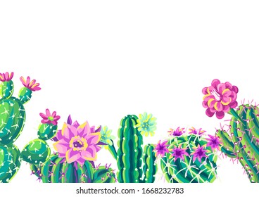 Background with cacti and flowers. Decorative spiky flowering cactuses in hand drawn style.