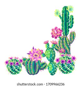 Background with cacti and flowers. Decorative spiky flowering cactuses in hand drawn style.
