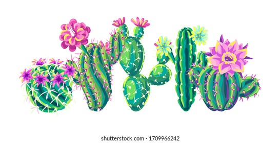 Background with cacti and flowers. Decorative spiky flowering cactuses in hand drawn style.