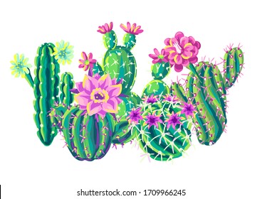 Background with cacti and flowers. Decorative spiky flowering cactuses in hand drawn style.