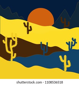 Background with cacti on yellow, blue and brown colors. Vector illustration. Fashionable print.