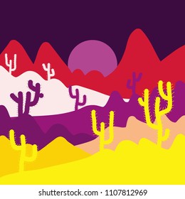 Background with cacti on yellow, brown and purple colors. Vector illustration. Fashionable print.