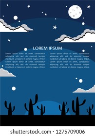 Background with cacti, sky, clouds, moon. Place for your text here, poster design. Colorful backdrop vector. Decorative illustration, good for printing