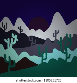 Background with cactus in blue, gray and green colors. Deserts and Sand Dunes Landscape. Composition. Vector illustration.