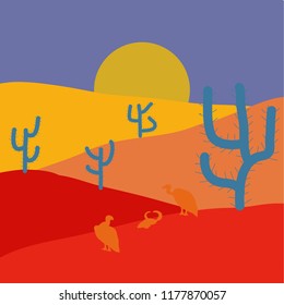 Background with cactus in blue, red and yellow colors. Composition. Vector illustration. Deserts and Sand Dunes Landscape.