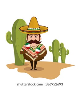 background Cactus with man mexican and traditional outfit