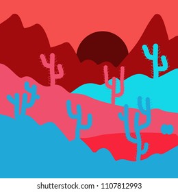 Background with cactus in pink, blue and red colors. Composition. Vector illustration. Deserts and Sand Dunes Landscape.