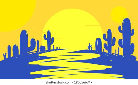 Background of cactus plants in the desert with beautiful sunset scene. Vector illustration of summer vacation