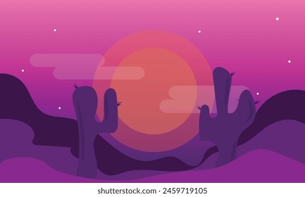 Background with Cactus , Poster, Card, Evening, Desert, Sunset, Vector illustration , Graphic, West, Landscape, Purple, Poster	