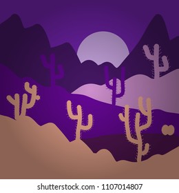 Background with cactus in violet, beige and purple colors. Composition. Vector illustration. Deserts and Sand Dunes Landscape.