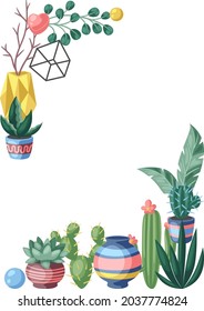 Background with cactuses and succulents. Decorative spiky flowering cacti and plants in flowerpots.