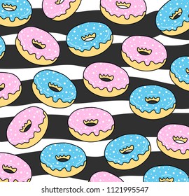 Background For Cafes, Restaurants, Coffee Shops, Catering. Donuts With Pink And Blue Icing. Texture For Menu, Booklet, Banner, Website. Vector Illustration. 