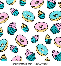 Background For Cafes, Restaurants, Coffee Shops, Catering. Donuts With Pink And Blue Icing. Texture For Menu, Booklet, Banner, Website. Vector Illustration. Wrapping Paper Or Fabric.