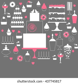 Background with cakes. Dessert bar. Wedding Candy Buffet. Sweet table. Pink colors. Vector illustration.