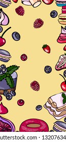 Background with cakes, drawn by hand. In the picture: tiramisu, macaroni, marshmallows, berries, strawberries.
