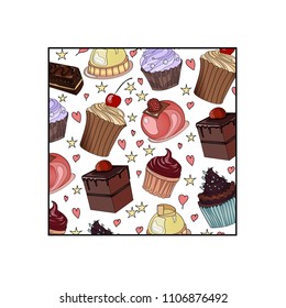 Hintergrund mit Kuchen, Süßigkeiten und Geschirr für die Dekoration eines Ladens, Banner, Interieur. Vektorgrafik, Hintergrund, Vorlage
