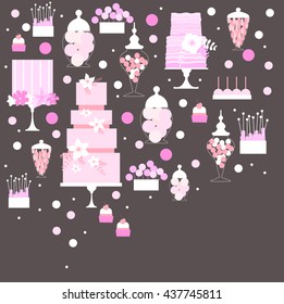 Background with cakes. Wedding Candy Buffet. Sweet table. Dessert bar. Pink colors. Vector illustration.