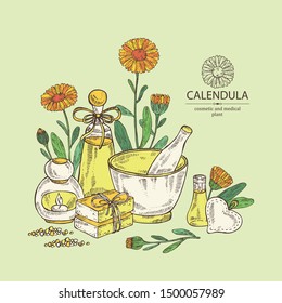Background with calendula: calendula flowers, bud, calendula ,ranch, soap and bath salt. Cosmetic and medical plant. Vector hand drawn illustration