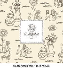 Background with calendula: calendula flowers, bud, calendula ,ranch, soap and bath salt. Cosmetic and medical plant. Vector hand drawn illustration