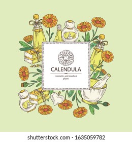 Background with calendula: calendula flowers, bud, calendula ,ranch, soap and bath salt. Cosmetic and medical plant. Vector hand drawn illustration