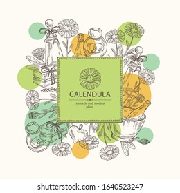 Background with calendula: calendula flowers, bud, calendula ,ranch, soap and bath salt. Cosmetic and medical plant. Vector hand drawn illustration