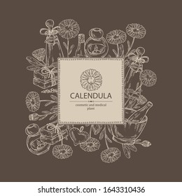 Background with calendula: calendula flowers, bud, calendula ,ranch, soap and bath salt. Cosmetic and medical plant. Vector hand drawn illustration