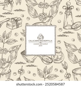 Background with callicarpa macrophylla: callicarpa macrophylla plant, leaves and callicarpa macrophylla berries. Cosmetic, perfumery and medical plant. Vector hand drawn illustration