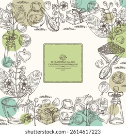Background with calophyllum inophyllum: plant, leaves, alexandria laurelnuts and calophyllum inophyllum flowers. Alexandria laurelnuts. Oil, soap and bath salt . Cosmetics and medical plant