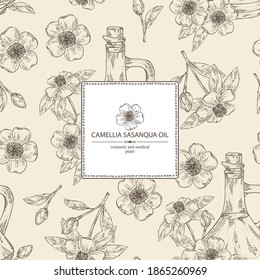 Background with camellia sasanqua flowers and bottle of camellia oil. Vector hand drawn illustration