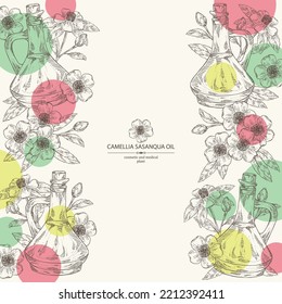 Background with camellia sasanqua flowers and bottle of camellia oil. Vector hand drawn illustration