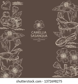 Background with camellia sasanqua flowers: camellia flowers, soap and bath salt . Cosmetic and medical plant. Vector hand drawn illustration