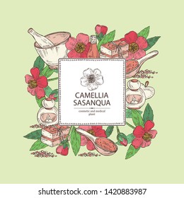 Background with camellia sasanqua flowers: camellia flowers, soap and bath salt . Cosmetic and medical plant. Vector hand drawn illustration