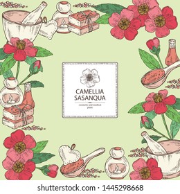 Background with camellia sasanqua flowers: camellia flowers, soap and bath salt . Cosmetic and medical plant. Vector hand drawn illustration