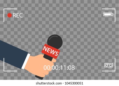 background with camera frame and record or rec vector isolated. focus TV in live news flat design. hand holding mic cartoon. 