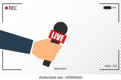 background with camera frame and record or rec vector isolated. focus TV in live news flat design. hand holding mic cartoon. Journalism and Microphone with journalist modern for sport in press
