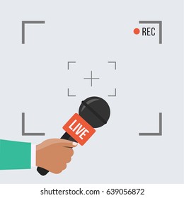 background with camera frame & record or rec vector isolated. focus TV in live news flat design. hand holding mic cartoon. Journalism & Microphone with journalist modern for sport in press conference