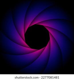 Fondo con obturador de lentes de cámara, elegante obturador azul violeta sobre fondo negro, diseño de tecnología abstracta. ilustración vectorial.