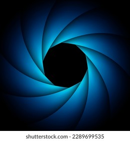 Background with camera lens shutter, elegant blue on black background, abstract technology design, vector illustration.