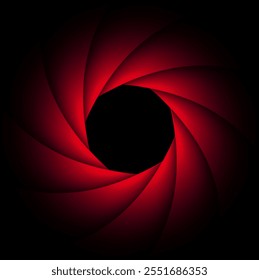 Fundo com obturador de lente de câmera, vermelho elegante sobre fundo preto, design de tecnologia abstrata, ilustração vetorial.