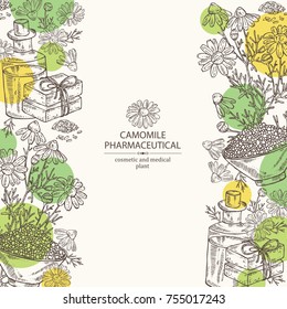 Background with camomile: leaves, seeds, flowers, essential oil, soap and bath salt . Cosmetic, perfumery and medical plant. Vector hand drawn illustration. 