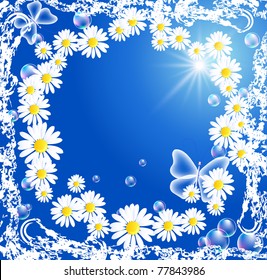 Background with camomiles, butterfly and bubbles in grunge frame