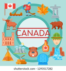 Background with Canada icons set. Canadian synbols, attractions, design elements
