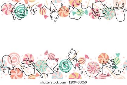 Background with Candies. Horizontal Pattern with Sweets. Continuous Drawing Style. Vector illustration.